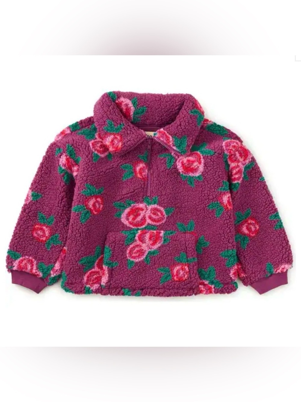 Tea Collection Teddy Fleece Pullover Magenta Floral Sherpa Half-Zip XL 12-14